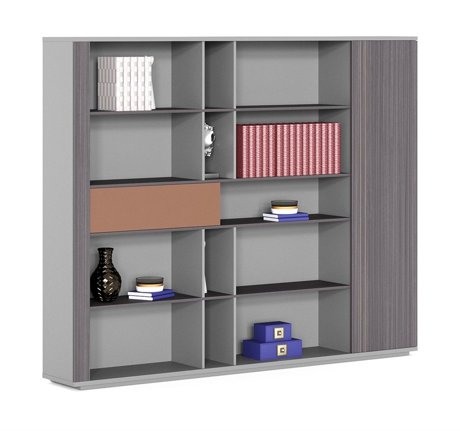 gray open bookcase wall
